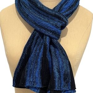 Handwoven Chenille Scarf by Bibi Stein - Tube in Blue Black   68"L